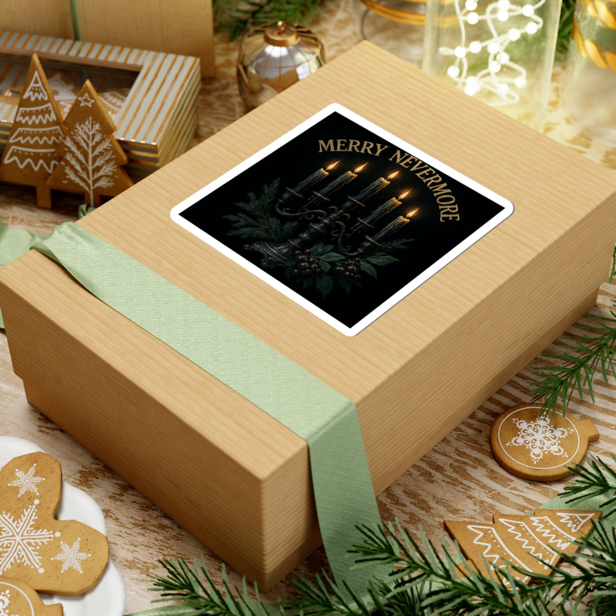 Merry Nevermore Candlelight Sticker — Gothic Holiday Kiss-Cut Decal