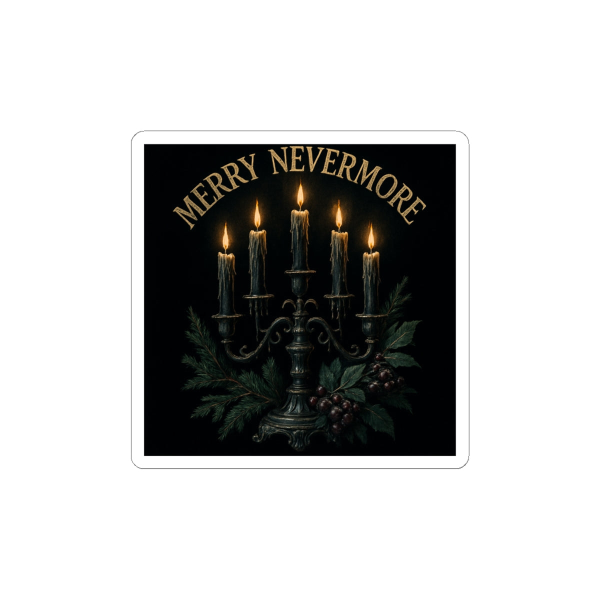 Merry Nevermore Candlelight Sticker — Gothic Holiday Kiss-Cut Decal