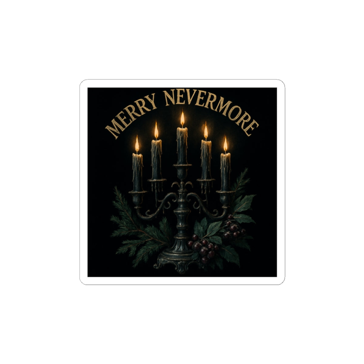 Merry Nevermore Candlelight Sticker — Gothic Holiday Kiss-Cut Decal