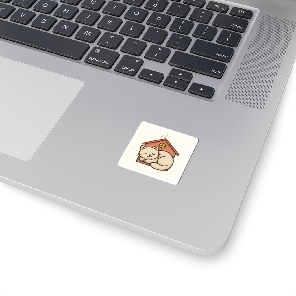 Sleeping Cat in Cozy House Sticker — Cute Kiss-Cut Vinyl Decal for Laptops, Water Bottles & Journals