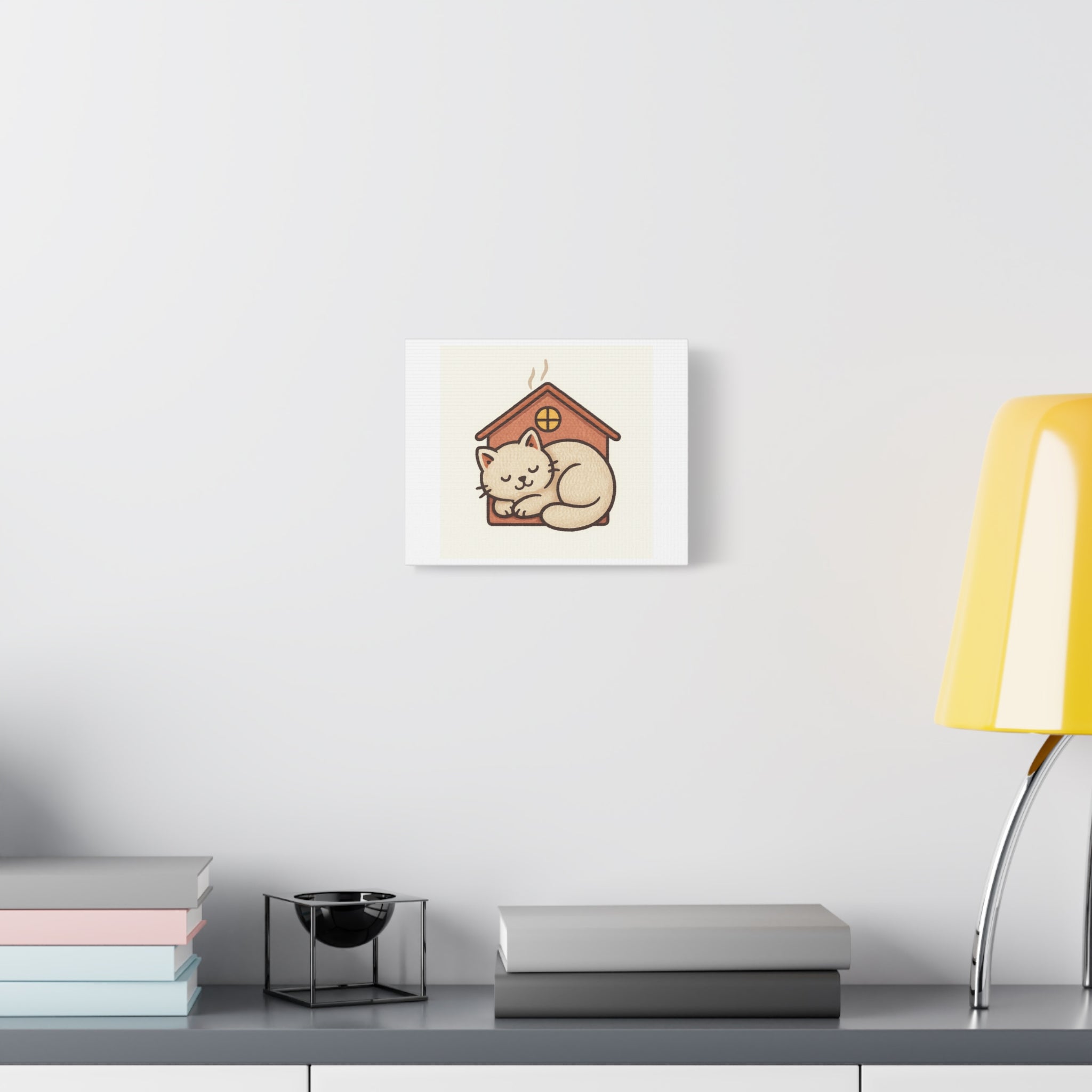 Cozy Cat in Doghouse Matte Canvas Wall Art