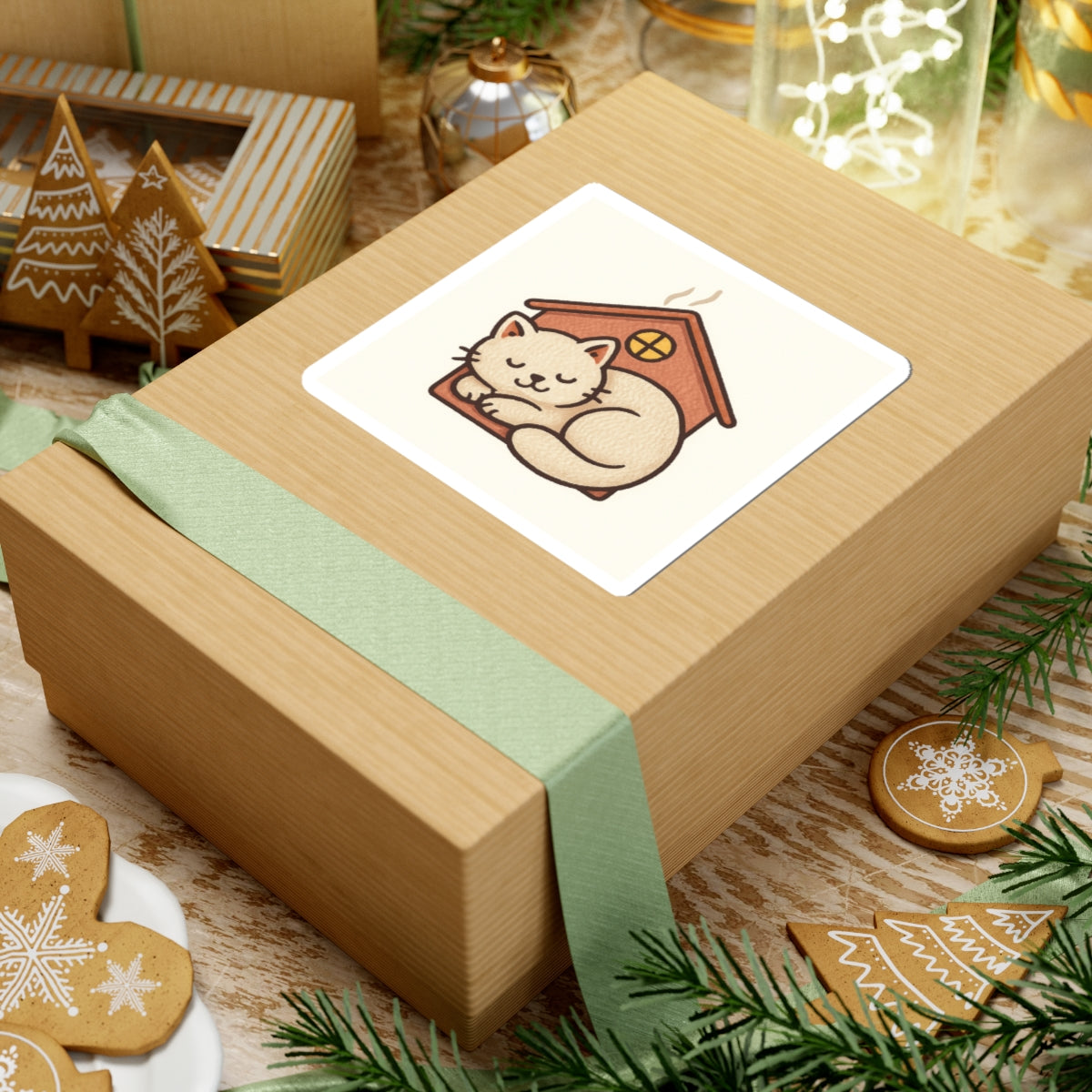 Sleeping Cat in Cozy House Sticker — Cute Kiss-Cut Vinyl Decal for Laptops, Water Bottles & Journals