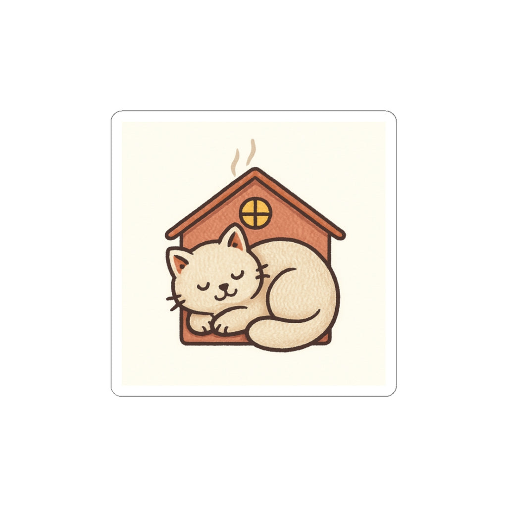 Sleeping Cat in Cozy House Sticker — Cute Kiss-Cut Vinyl Decal for Laptops, Water Bottles & Journals