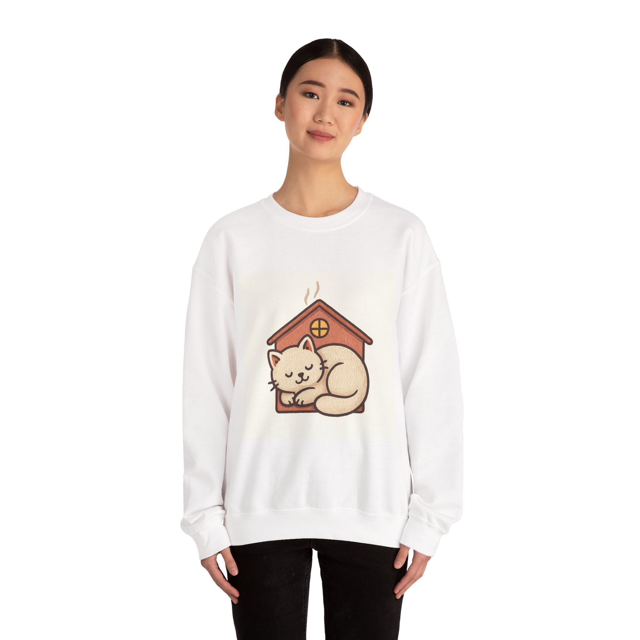 Cozy Cat Cottage Sweatshirt — Cute Sleeping Kitten Crewneck