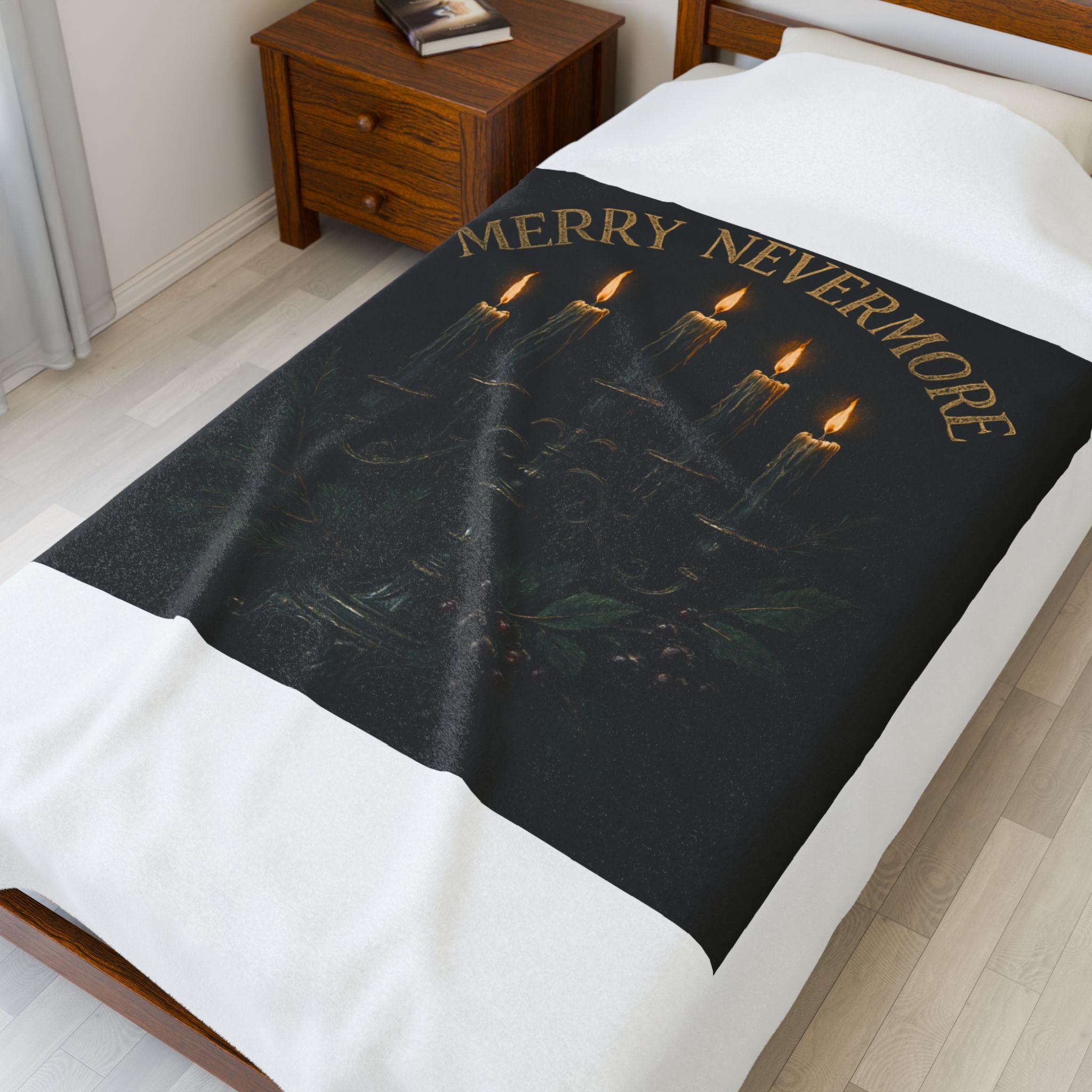 Merry Nevermore Velveteen Plush Blanket — Gothic Candle Candelabra Holiday Throw