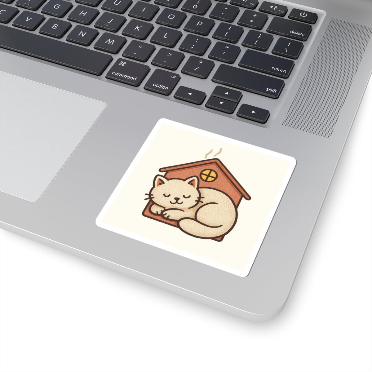Sleeping Cat in Cozy House Sticker — Cute Kiss-Cut Vinyl Decal for Laptops, Water Bottles & Journals